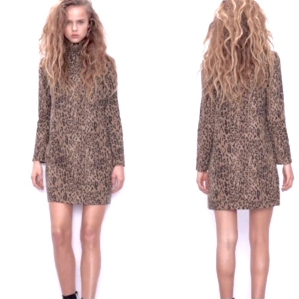 NWOT Zara Leopard Print Sweater Knit Turtleneck Dress Sz Med